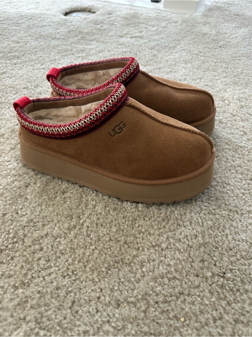 UGG Women's Chestnut Suede Slip-On Clog with Red Trim